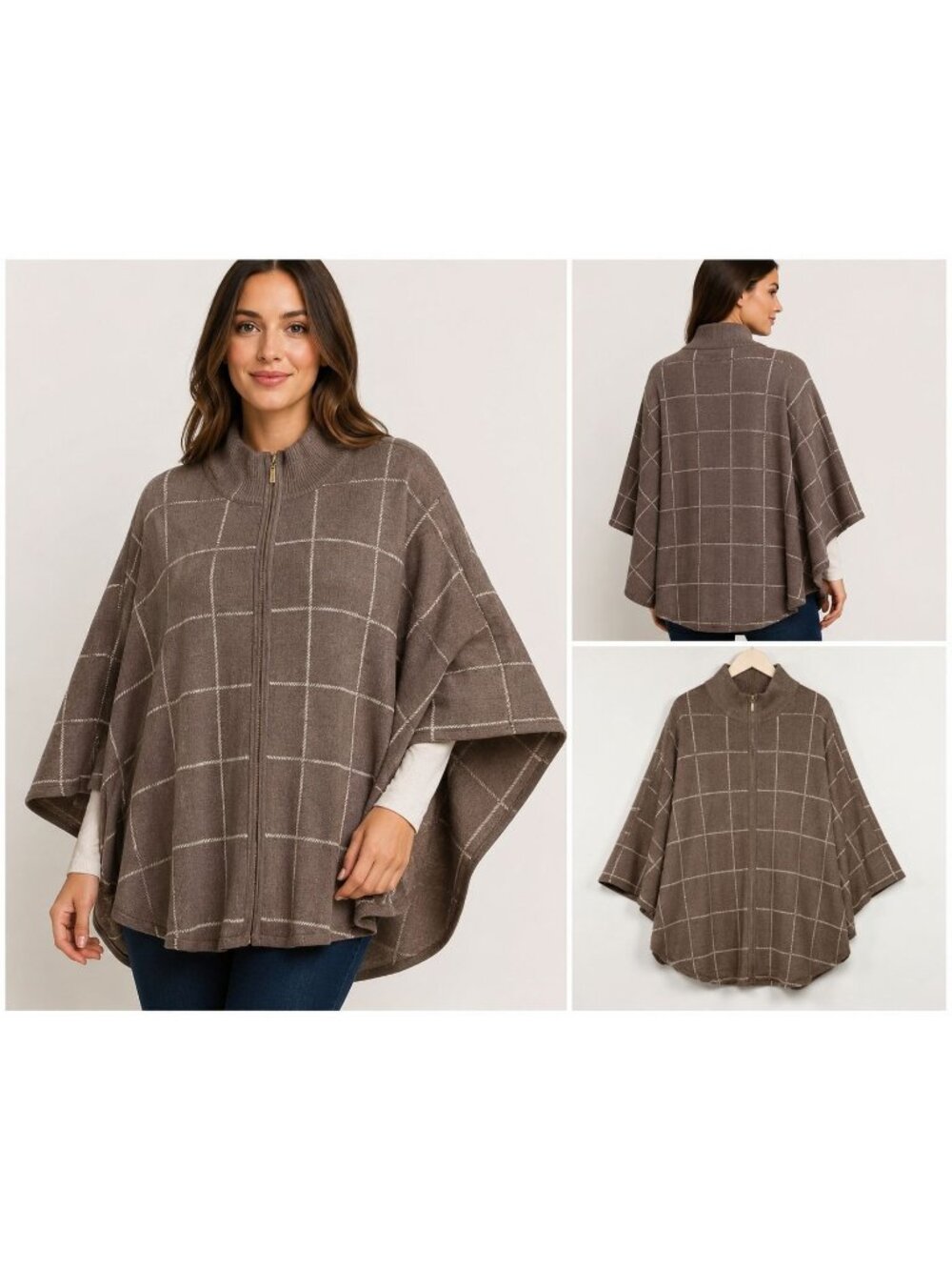 Tahari Womens Plaid Knit Cape Sweater Jacket With Gold Zipper Brown L/XL